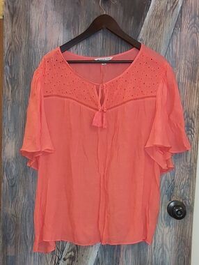 Zac & Rachel Coral Eyelet Tassel Boho Blouse Plus Size 3XL